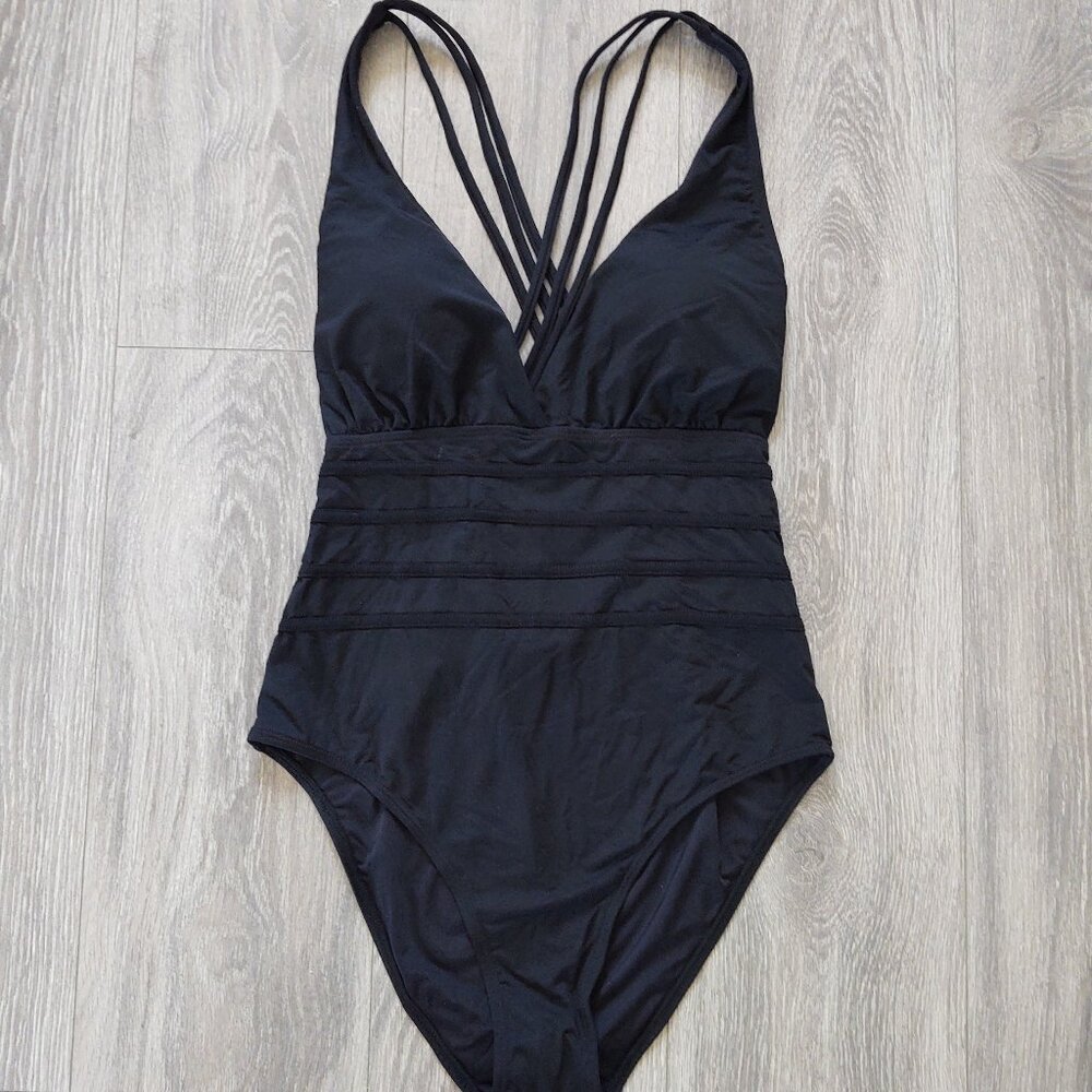 NWT Catherine Malandrino Deep V with Strappy Very Low Back One Piece Swimsuit